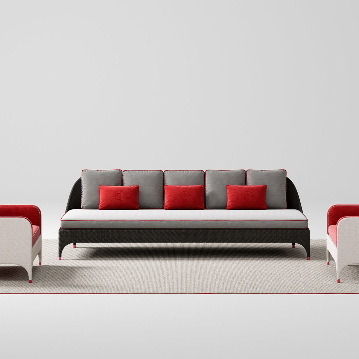 Black 3-Seater Sofa with Grey and Red Cushions by CPRN Homood