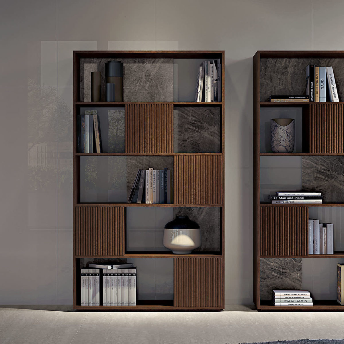 Opale Channeled Walnut Bookcase by Bamax